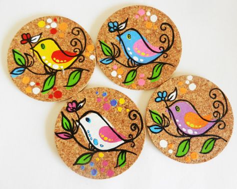 Another idea :) Coasters Painting Ideas, Flower Coasters, Coaster Art, Wood Slice Art, Wood Slice Crafts, Pottery Painting Designs, Cork Crafts, Rock Painting Designs, Indian Art Paintings