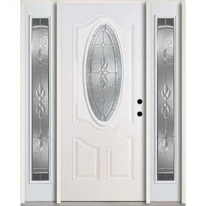 ReliaBilt Hampton Oval Lite Decorative Glass Left-Hand Inswing Modern White Painted Fiberglass Prehung Entry Door with Sidelights with Insulating Core (Common: 60-in x 80-in; Actual: 64.5-in x 81.75-in) at Lowes.com Single Front Door With Sidelights, Front Door With Sidelights, Single Front Door, Door With Sidelights, Entry Door With Sidelights, White Front Door, Entry Door Handles, Craftsman Door, Victorian Door