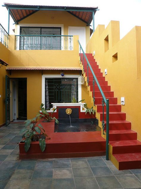 Simple and beautiful Second Floor House Design, House Roof Design, Exterior Stairs, Indian Home Design, House Design Exterior, Small House Design Plans, Creative Spaces, House Outside Design, Village House Design