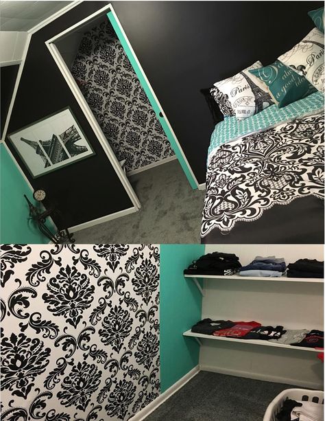 Paris Theme Bedroom-Teal-Black and White-Attic Bedroom Teal Black And White Bedroom, Black And Turquoise Bedroom, White Attic Bedroom, Paris Bedroom Decor Ideas, Black And Teal Bedroom, Paris Theme Bedroom, Teal Girls Bedroom, Paris Themed Bedroom Decor, White Attic