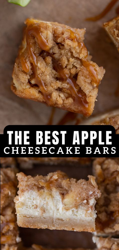 The best Apple Cheesecake bars Carmel Apple Cheesecake Bars Recipe, Apple Cheesecake Bars With Graham Cracker Crust, Gluten Free Apple Cheesecake, Carmel Apple Cheesecake Bar, Apple Strudel Cheesecake, Apple Crisp Mini Cheesecake, Apple Desserts With Fresh Apples, Apple Cheesecake Cupcakes, Easy Apple Cheesecake