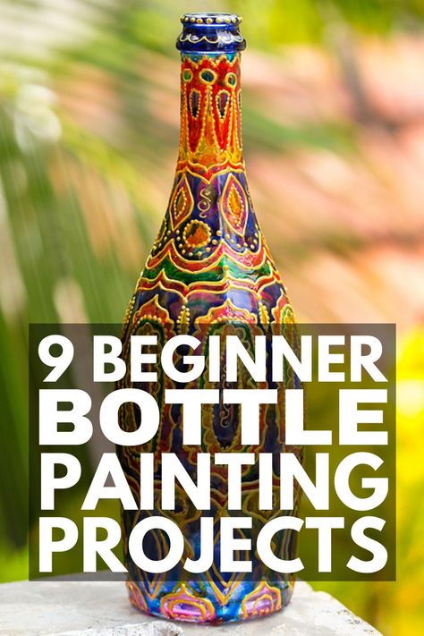 Painting Bottles And Jars, Diy Painted Jars Glass Bottles, Glass Bottle Projects, Wine Bottle Glass Painting, Wine Bottle Uses Ideas, Painting Wine Bottles Ideas, Glass Painting Ideas On Bottles, What To Make With Wine Bottles, Decorative Arts Ideas