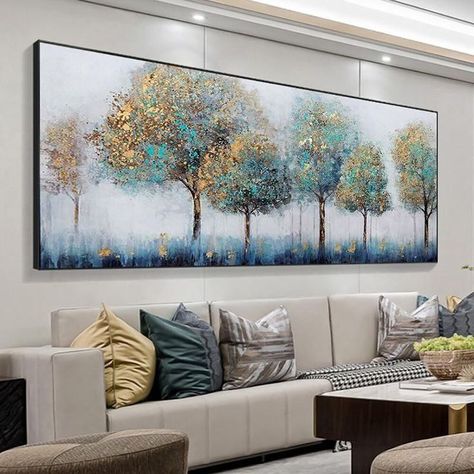 Acrylic Wall Art Painting, Canvas Painting Ideas Trees, Colourful Tree Painting, Abstract Horizontal Painting, Green And Blue Landscape, Blue And Gold Painting, Blue Landscape Painting, 자작나무 그림, Pop Wall Art