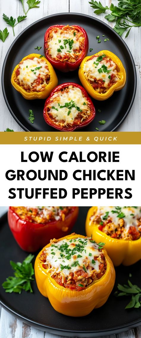 Image for Low Calorie Ground Chicken Stuffed Peppers Healthy Stuffed Bell Peppers Chicken, Stuffed Peppers With Ground Chicken, Ground Chicken Stuffed Peppers, Healthier Dinner Ideas, Healthy Stuffed Bell Peppers, Stuffed Bell Peppers Chicken, Stuffed Peppers Healthy, Chicken Stuffed, Chicken Stuffed Peppers