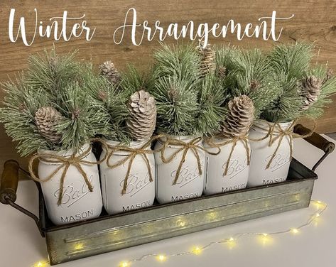 Mason Jar Lantern Centerpieces/wood/buffalo - Etsy Jar Centerpiece Wedding, January Decor, Mason Jar Centerpiece, Winter Arrangements, Winter Centerpieces, Jar Centerpieces, Winter Decorations Diy, Christmas Table Centerpieces, Christmas Mason Jars