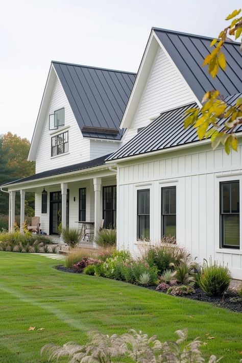 Black And White Farmhouse Exterior, Modern Farmhouse Landscaping, Contemporary Farmhouse Exterior, Modern Farmhouse Porch, White Farmhouse Exterior, Farmhouse Style Exterior, Farmhouse Exteriors, Custom Laundry Room, Farmhouse Landscape