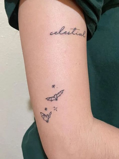 Cute Small Spooky Tattoos, Fall Inspired Tattoos Small, Halloween Wrist Tattoos For Women, Illustrative Linework Tattoo, Tell Me Tomorrow Tattoo, Dainty Spooky Tattoo, Fine Line Spooky Tattoo, Micro Bat Tattoo, Small Tattoos Spooky