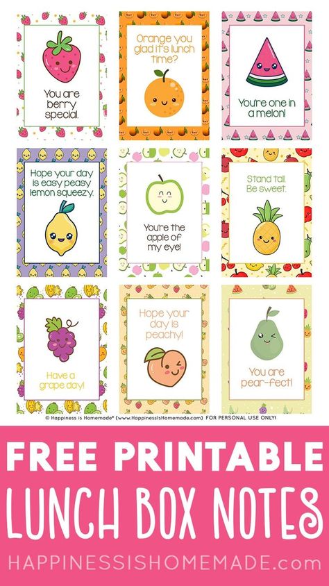 Free Printable Lunch Box Notes: Make school lunches even more fun with these printable lunch box notes! Designed with cute fruits and adorable sayings, these are perfect to pack in your little one's lunch box to brighten up their day! Printable Lunch Box Notes Kindergarten, Preschool Lunch Box Notes, Preschool Lunch Notes, Lunchbox Notes For Kindergarteners, First Day Of School Lunch Box Notes, First Day Of School Lunch Notes, Fruit Sayings Cute, Free Printable Lunch Box Notes, Lunch Quotes