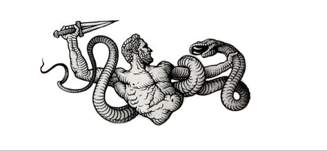 Hercules Snake Tattoo, Hercules Vs Hydra Tattoo, Hercules Hydra Tattoo, Medieval Tattoos, King Cobra Tattoo, Hercules Tattoo, Medusa Tattoos, Sticker Sleeve, Greek God Tattoo