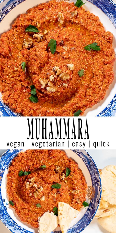 Collage of two photos of Muhammara. Top photo shows a closeup of a serving of Muhammara on a white plate. Bottom one shows a serving with bread. Both photos are separated by text with the recipe title. Vegan Australian Food, Mouhamara Recipe, Muhamarra Dip Recipe, Muhamarra Recipe, Muhammara Dip, Muhammara Recipe, Easy Mediterranean Recipes, Clean Eating Vegan, Easy Dip