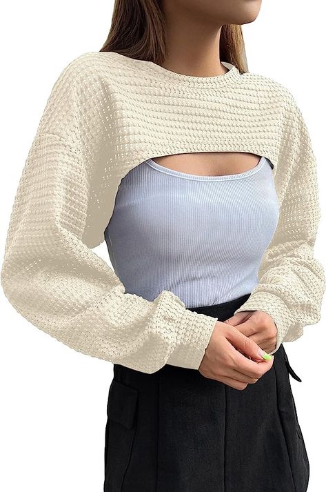 Verdusa Women's Casual Long Sleeve Pointelle Knit Drop Shoulder Crewneck Crop Sweater Top Cropped Cover Up Solid Apricot M at Amazon Women’s Clothing store Knit Crop Top Outfit, Ladies Blouses And Tops, Cropped Sweater Outfit, Crochet Long Sleeve Tops, Ladies Blouses, Crochet Top Outfit, Crochet Shoes Pattern, Crochet Tops Free Patterns, Cropped Crewneck