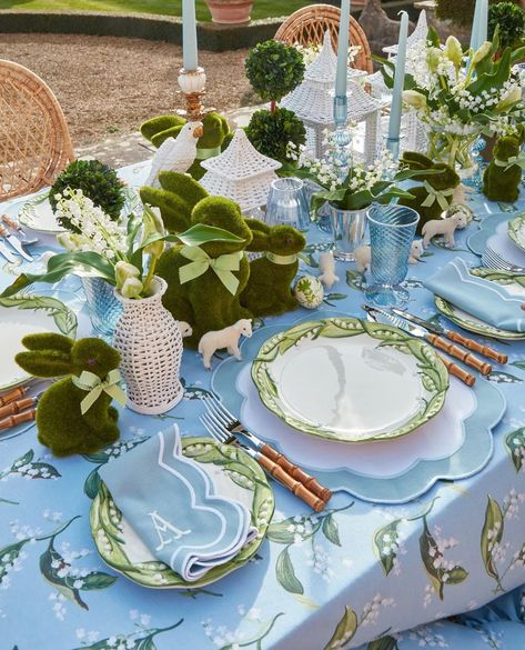 MRS. ALICE | Lily of the Valley Tablescape 🐇 Gentle Spring Green Tones, Floral Crockery & Moss Bunnies #LilyoftheValley #Tablescape #MrsAlice #Spring | Instagram Mrs Alice, Starter Plates, Blue Placemats, Bamboo Cutlery, Pagoda Lanterns, White Linen Napkins, Blue Napkins, Autumn Table, White Napkins