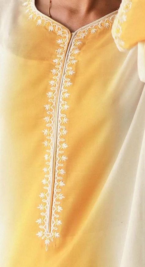 Placket Embroidery Designs, Yellow Cotton Kurta With Resham Embroidery, Ceremonial Yellow Kurta With Resham Embroidery, Fitted Yellow Kurta With Resham Embroidery, Fitted Yellow Kurta With Intricate Embroidery, Fitted Yellow Embroidered Kurta, Ramadan Clothes, Chudidhar Neck Designs, Pakistani Dresses Party