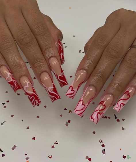 Nail inspo page 💜 on Instagram: "❤️❤️🩷🩷 By; @setsbyvia - ( Follow @jawnnails if viewing )" Tapered Square Nails, 2024 Nails, Red Valentine, Punk Nails, Romantic Nails, Abstract Nail Art, Nail Designs Valentines, Red Nail Designs, January 23