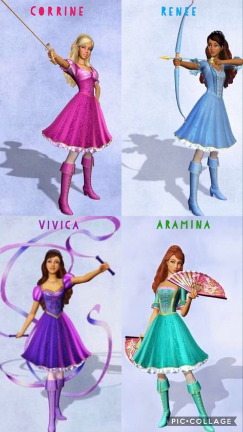 Disney Group Of 4 Costumes, Brunette Barbie Characters, All Barbie Movie Outfits, Barbie Dresses From Movies, Barbie 3 Musketeers Costume, Barbie Musketeer Costume, Barbie Cartoon Outfits, Barbie Movies Outfit Ideas, Barbie Movies Halloween Costume