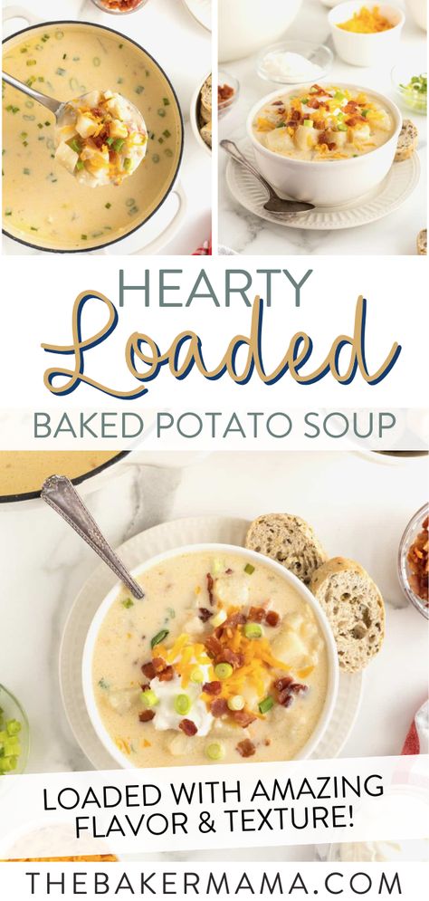 Our Hearty Loaded Baked Potato Soup is full of salty bacon, creamy cheddar, sour cream and fresh green onion. It’s so flavorful and filling! There’s so much comfort in a hot, hearty soup. And this potato soup is creamy and packed with potato chunks, bacon and green onion. Every bite is such pleasure! It’s a cozy, winter-perfect soup that your family will ask for again and again. Baker Mama, Soup Lovers, Loaded Potato Soup, Loaded Baked Potato, Loaded Baked Potato Soup, Homemade Soup Recipe, Cooking Soup, Hearty Soup, Baked Potato Soup