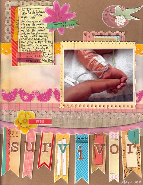 what a beautiful layout to compliment such an emotional photo and story Nicu Scrapbook Page Ideas, Nicu Scrapbook Ideas, Scrapbook Baby Book Ideas, Girly Scrapbook, Birthday Scrapbook Layouts, Birthday Scrapbook Pages, Scrapbook Page Ideas, Beautiful Scrapbook Layouts