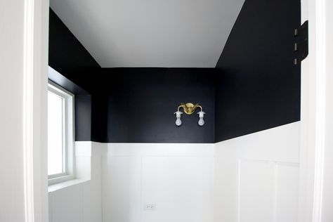 black paint white board and batten. Lowes Valspar.  Dark Kettle Black and Perfect White.  Eggshell and Satin Valspar Kettle Black, Dark Kettle Black Valspar, Black And White Painted Walls, Bright Paint Colors, Bold Paint Colors, Paint Trends, Black Accent Walls, Black Paint Color, Paint Sheen