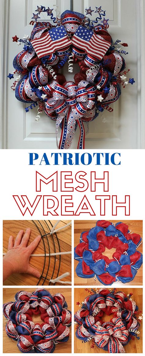 Make a beautiful Patriotic Mesh Wreath to hang on your door. Perfect for Memorial Day or the 4th of July. Simply follow this step by step tutorial. 3 Wreaths, Wire Wreaths, Patriotic Mesh Wreath, Festive Wreaths, Diy Deco Mesh Wreath, Wreath Kits, Patriotic Cards, Ribbon Wreaths, Crazy Crafts