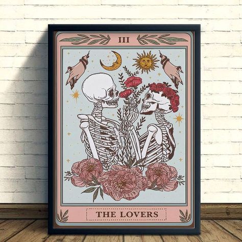 The Lovers Tarot Card Tattoo, Tarot Card The Lovers, Poster Skeleton, Tarot Card Poster, Skeleton Poster, Skeleton Tarot, Lovers Tarot Card, Couples Decor, The Lovers Tarot Card