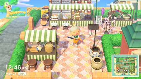 Small shop idea placed on the back of Abel Sisters Abel Sisters Acnh, Animal Crossing Market Place Ideas, Abel Sisters Animal Crossing, Acnh Abel Sisters Ideas, Animal Crossing Market Place, Acnh Shops Idea, Acnh Idea Place, Coffee Area, Cozy Gaming