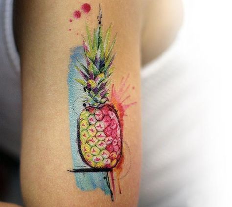 Watercolor Pineapple Tattoo, Hawaiian Watercolor, Removable Tattoos, Disney Stitch Tattoo, Purple Pineapple, Pineapple Tattoo, Stitch Tattoo, Watercolor Pineapple, Plumeria Flowers