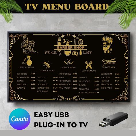 Barber Shop Menu Board,Barber Shop Price List Templte,  Price List Barber Shop Template, Business Price List, Pricing List, Salon Price List WHAT IS INCLUDED - TV menu board design. You can add more boards if needed. - No physical items will be shipped due to the nature of being a digital product HOW IT WORKS: 1. After purchasing, you can download the How to Use PDF file to access the Canva template. 2. Follow the instructions in the How to Use PDF file. 3. Personalize your items, then download Hair Salon Menu Price List, Salon Menu Design, Shop Menu Board, Template Price List, Menu Board Design, Pricing List, Price List Design, Salon Price List, Spa Menu