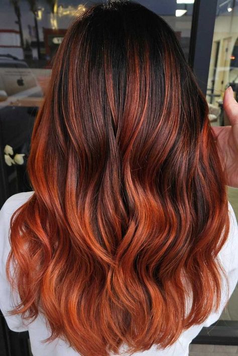 Brown To Red Ombre Hair, Brown Hair With Copper Balayage, Reddish Brown Ombre Hair, Brown To Orange Ombre Hair, Copper Ombre Hair, Ginger Balayage, Dark Brown To Copper Ombre, Fall Ombre Hair, Auburn Ombre Hair