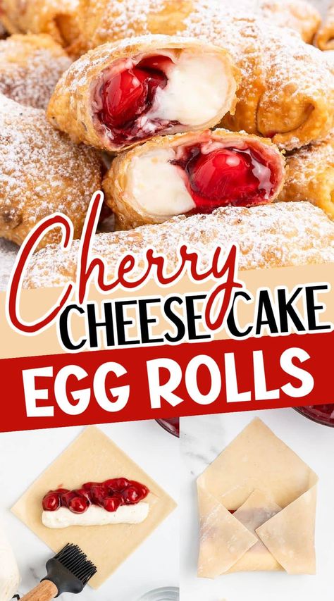 Cherry Cheesecake Egg Rolls are a delightful dessert spin on the classic Asian appetizer! With tart cherry filling and creamy cheese, these crispy handheld treats are a breeze to make and can be pan-fried, air-fried, or baked. Apple Cheesecake Egg Rolls, Favorite Party Foods, Fall Recipes Appetizers Snacks, Egg Roll Wrapper Desserts, Cherry Cheesecake Egg Roll Recipe, Cherry Cream Cheese Egg Rolls, Sweet Egg Rolls Desserts, Cherry Egg Rolls, Deserts Recipes For Thanksgiving