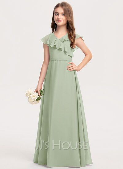 A-Line V-neck Floor-Length Chiffon Junior Bridesmaid Dress With Bow(s) Cascading Ruffles (009208590) - JJ's House Jj House, Junior Bridesmaid Dress, Cascading Ruffles, Junior Bridesmaid Dresses, Junior Bridesmaid, Custom Dresses, Long Sleeve Cardigan, Dress With Bow, Long Cardigan