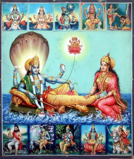 Hindu Cosmos - Dashavatar  P.K.M. Swamy  One original calendar... Narayan Bhagwan, Ranganatha Swamy, Krishna Story, Volcano Pictures, Cosmic Meditation, Hindu Cosmos, Mahadev Shiva, Lakshmi Narayan, Krishna Avatar