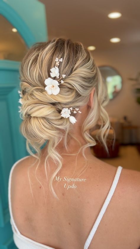 JESSICA KEIFE-OC bridal hair | Simple and sweet bridesmaid (or bridal) updo 🫶🏽 . Bridesmaid hair, updo, bridal hair, bridesmaid, wedding hair , hair tutorial | Instagram Bun Hairstyles Wedding Bridesmaid, Rustic Bridal Updo, Up Dos For Bridesmaid, Up Do For Wedding The Bride, Low Bun For Wedding Hair, Loose Bridal Updo With Veil, Hair Updos Bridesmaid, Wedding Hair Up With Flowers, Bridesmaids Hair Braid