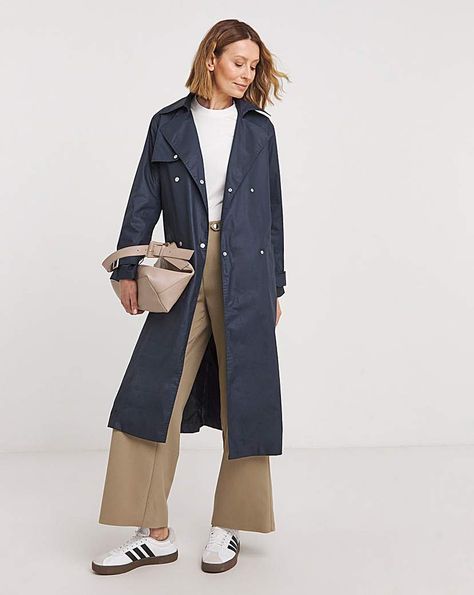 Elevate your style with our new Coated Trench. A chic and stylish wardrobe piece, this coat is double breasted and features an adjustable belt and pockets. Trench,Regular,Traditional Style 1,Long Sleeve,Sale,Seasonal Promotion,JD Williams,Long Denim Trench Coat, Occasion Wear Dresses, Navy Coat, Coat Women Fashion, Stylish Wardrobe, Classic Trench Coat, Womens Jackets, Sports Skirts, Jd Williams