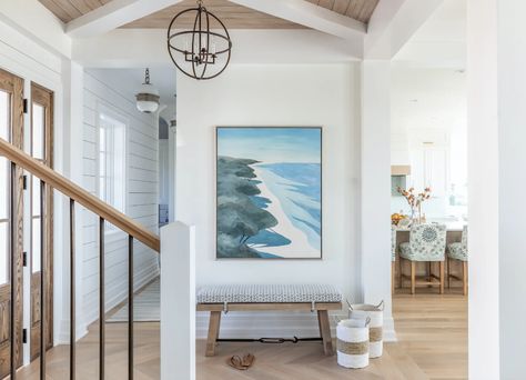 Coastal Foyer, Cove Crown Molding, Architectural Ceiling, Coastal Living Magazine, Modern Coastal Decor, Coastal Contemporary, Coastal Retreat, Beach House Interior, Modern Staircase