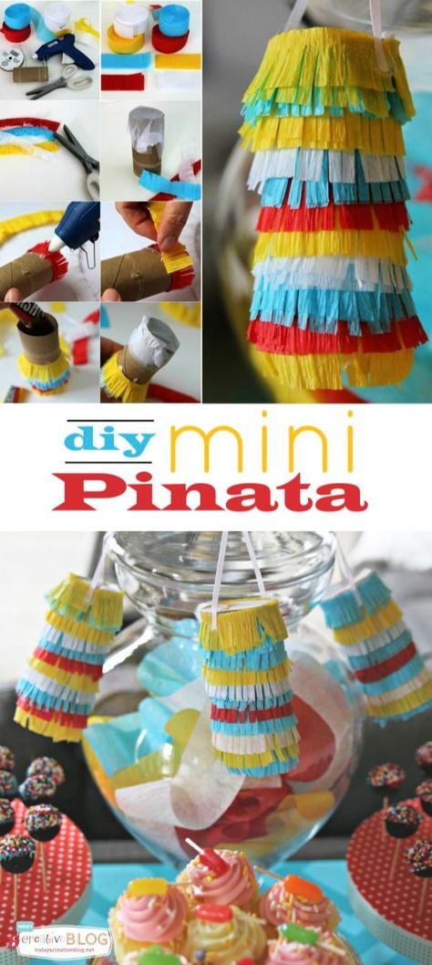 How to Make a Mini-Pinata! Crepe Paper, Toilet Paper Rolls Craft | DIY Party Planning | Party Decorations | Kids Party Ideas | How to throw a mini party. Today's Creative Life Toilet Paper Roll Pinata Diy, Paper Plate Pinata Craft, Tissue Paper Pinata, Toilet Paper Roll Pinata, Balloon Pinata Diy, Paper Bag Pinata, Toilet Paper Rolls Craft, Brownie Ideas, Kids Party Ideas