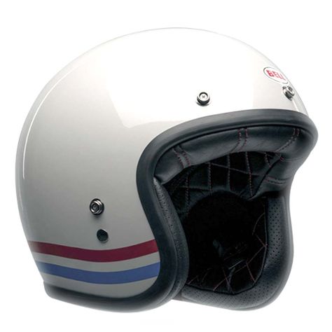 Bell Custom 500 Helmet - Stripes Pearl White | Open Face Motorcycle Helmets | FREE UK delivery - The Cafe Racer White Motorcycle Helmet, Bell Custom 500, Motorcycle Helmets Art, Bell Helmets, Custom Motorcycle Helmet, Cafe Racer Moto, Roland Sands Design, Bell Helmet, Scooter Helmet