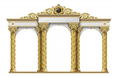 Arcade golden terrace palace entrance | Premium Vector #Freepik #vector #gold #ornament #crown #luxury Golden Terrace, Palace Entrance, Greece Architecture, Golden Palace, Pillar Design, Marble Arch, Gold Ornament, Red Curtains, Big Windows