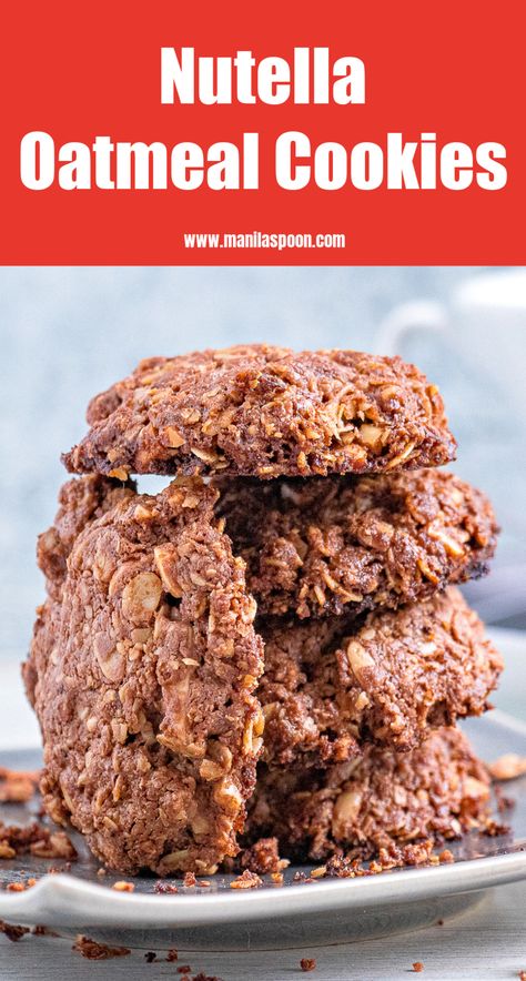 Just 4 simple ingredients to make these delightfully scrumptious cookies with lots of chocolate flavor from Nutella and a chewy tasty texture from oatmeal and nuts added. So easy to make in no time - Nutella Oatmeal Cookies! Nutella Oatmeal Cookies, Nutella Oatmeal, Amazing Cookie Recipes, Cookie Shop, Sweet Bakes, Dessert Bites, Nutella Cookies, Chocolate Hazelnut Spread, Popular Desserts