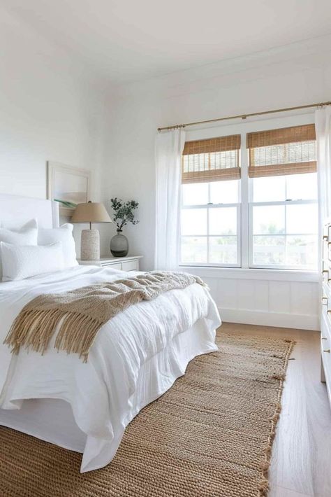 40 White Bedroom Ideas for an Elegant, Calm Space White Coastal Bedroom Furniture, Light And Airy Master Bedrooms Decor, White Natural Bedroom Ideas, White Bedroom With Wood Furniture, White Rustic Bedroom Ideas, Clean Guest Bedroom Ideas, White Bedroom Bedding Ideas, Coastal Bedroom White Furniture, Wood Floor White Walls Bedroom