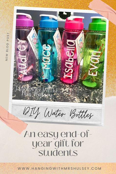 Looking for a unique and easy gift for your students? I love making these personalized water bottles or water cups! Check out how I did it... Student Water Bottles, Student Gift Tags, Cup Decorating, Water Bottle Gift, Letter Stickers, Classroom Fun, Student Gift, Summer Gifts, Personalized Water Bottles