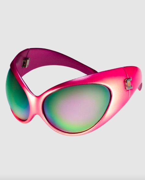 Taking inspiration from Tokyo nightlife, the glasses were made with 3D printing and feature a cyber-bug-like angular frame, that instantly demands your attention. The bold, oversized silhouette embodies an out-of-this-world aesthetic, a theme which is core to the brand's DNA. On top of this, the lenses possess a psychedelic, iridescent effect that creates a mash-up of colours as they catch the light. Futuristic Sunglasses With Gradient Lenses, Futuristic Sunglasses With Mirrored Lenses For Streetwear, Alien Sunglasses, Futuristic Plastic Sunglasses With Mirrored Lenses, Yoon Ahn, Green Mirrored Sunglasses In Plastic, Tokyo Nightlife, Oversized Silhouette, Beach Accessories