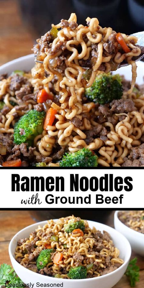 Ramen Noodles with Ground Beef is made with a flavorful soy sauce mixture and perfectly seasoned ground beef with broccoli poured over delicious ramen noodles. Healthy Sunday Dinner, Noodles With Ground Beef, Beef Ramen Noodle Recipes, Beef With Broccoli, Ground Beef And Broccoli, Ground Beef Recipes Mexican, Ramen Recipes Easy, Ground Beef Seasoning, Delicious Ramen