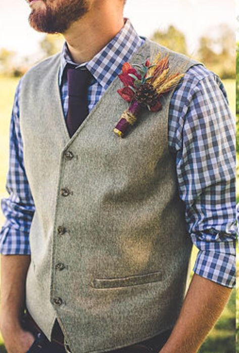 Groomsmen Flannel And Jeans, Flannel Wedding Groom, Casual Groom Attire Vest, Grooms Summer Wedding Attire, Flannel Wedding Groomsmen, Farm Wedding Groom Attire, Casual Groom Attire Rustic, Groom In Vest, Groom Vest Wedding