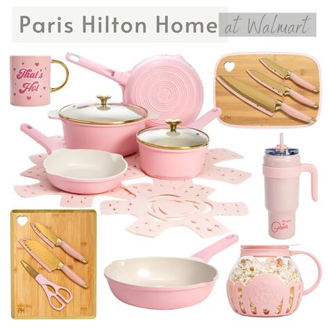 Paris Hilton Home at Walmart - Walmart Finds Ceramic Nonstick Cookware, Kitchen Cookware Sets, Nonstick Cookware Sets, Pots And Pans Sets, Knife Block Set, Pink Ceramic, Pink Kitchen, Pan Set, Kitchen Collection