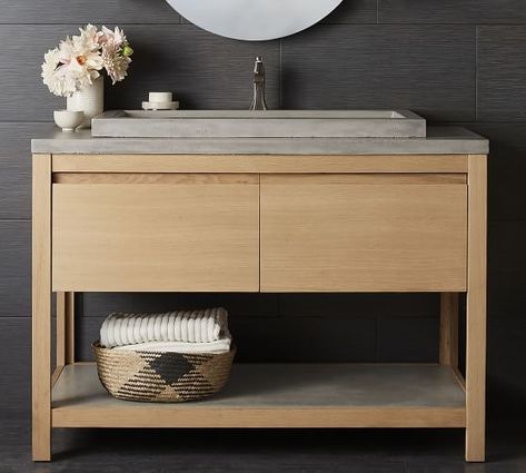 Bathroom Vanities, Vanity Tops & Vanity Cabinets | Pottery Barn Vanity With Trough Sink, Vanity Pottery Barn, Concrete Vanity Top, Concrete Vanity, Custom Bathroom Vanity, Trough Sink, Single Sink Vanity, Double Sink Vanity, Custom Bathroom