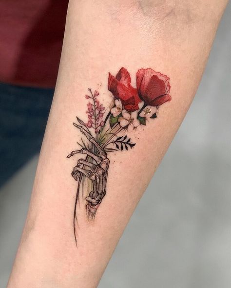 Skull Tattoo Flowers, Skeletal Hand, Skeleton Tattoos, Small Pretty Tattoos, Skeleton Hand Tattoo, Floral Tattoo Sleeve, Hand Tattoos For Women, Flowers Tattoo, Small Tattoo Designs