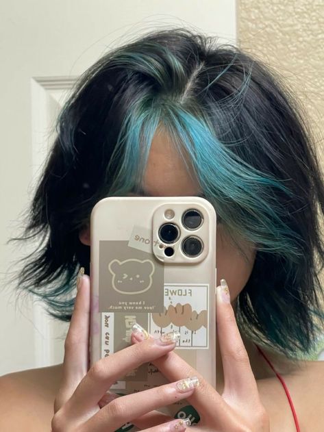 Haircuts With Dyed Hair, Black To Teal Hair, Black Teal Hair, Teal Wolfcut, Underbangs Dyed, Black Hair With Teal Highlights, Colored Curtain Bangs, Teal Highlights In Black Hair, Teal Underneath Hair