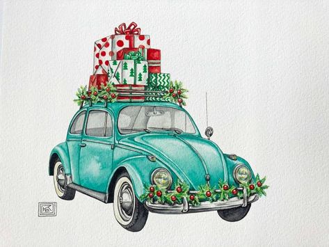 Bug Watercolor, Christmas Cars, Vw Art, Vintage Clipart, Volkswagen Bug, Unique Christmas Cards, For Christmas, Bug Art, Ready For