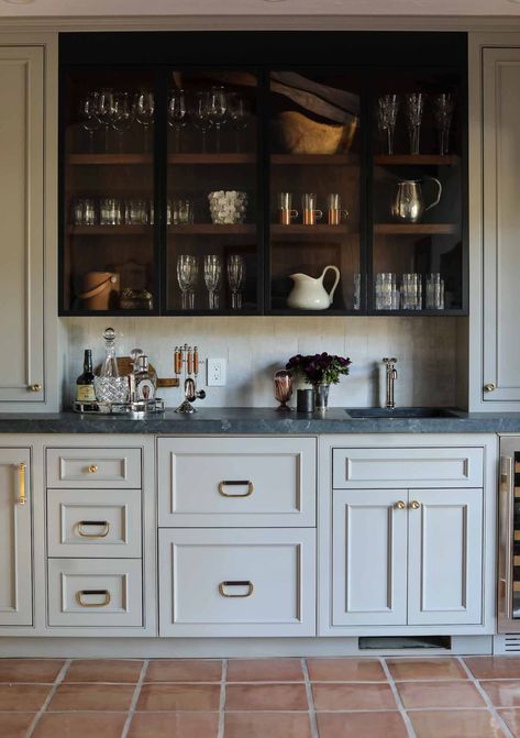 Oak Interior Design, Park And Oak, Farmhouse Colors, Vaulted Ceiling Kitchen, Oak Interior, Butler’s Pantry, Light Gray Paint, Butlers Pantry, Classic Farmhouse