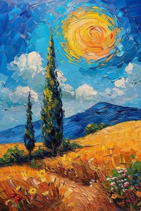 Emotional Landscape Painting, Wall Hanging Painting Canvases, Modern Impressionism Art, Big Oil Painting Ideas, Thick Oil Painting, Painting With Oil Colors, Sky Art Painting Cloud, Acrylic Landscape Painting Canvas, Bright Paintings On Canvas